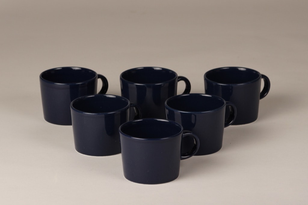 Arabia Teema kahvikupit, sininen, 6 kpl, suunnittelija Kaj Franck, lasite
