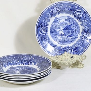 Arabia Maisema lautaset, sininen, 6 kpl, suunnittelija , syvä, kuparipainokoriste