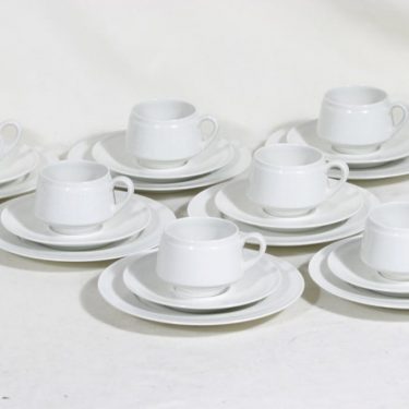 Arabia Pitsi kahvikupit ja lautaset, valkoinen, 7 kpl, suunnittelija Raija Uosikkinen,