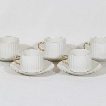 Arabia Kultakorva kahvikupit, valkoinen, 5 kpl, suunnittelija Kaj Franck, kultakoriste
