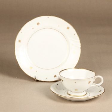 Arabia Apila kahvikuppi ja lautaset, painokoriste, suunnittelija Olga Osol, painokoriste, kullattu