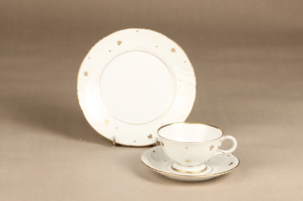 Arabia Apila kahvikuppi ja lautaset, painokoriste, suunnittelija Olga Osol, painokoriste, kullattu