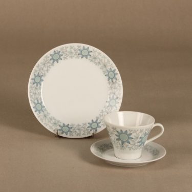 Arabia Tuulikki coffee cup, saucer and plate, silk screening, Raija Uosikkinen,
