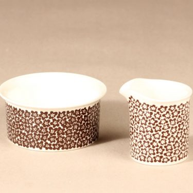 Arabia Faenza sugar bowl and creamer, brown flower, 2 pcs, designer Inkeri Seppälä, silk screening, flower theme