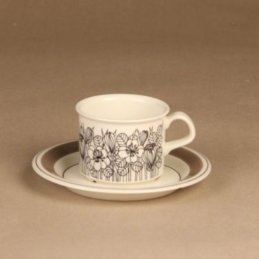 Arabia Krokus kahvikuppi, mustavalkoinen, harmaa, suunnittelija Esteri Tomula, serikuva, kukka-aihe