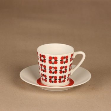 Arabia Eveliina kahvikuppi, punainen, suunnittelija Esteri Tomula, kukka, serikuva