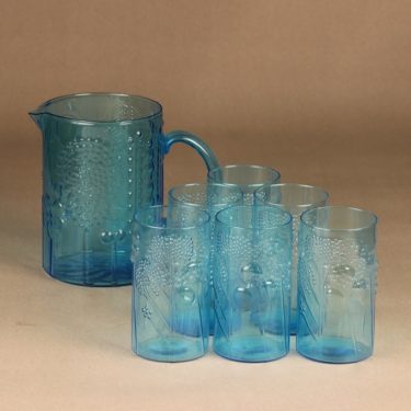 Nuutajärvi Flora pitcher and 6 glass turquoise designer Oiva Toikka