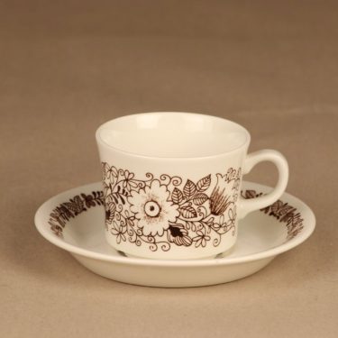 Arabia Tuula kahvikuppi, ruskea, suunnittelija Esteri Tomula, serikuva, kukka