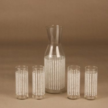 Riihimäen lasi 1799 karahvi ja 4 lasia, kirkas, valkoinen, 5 kpl, suunnittelija Helena Tynell,