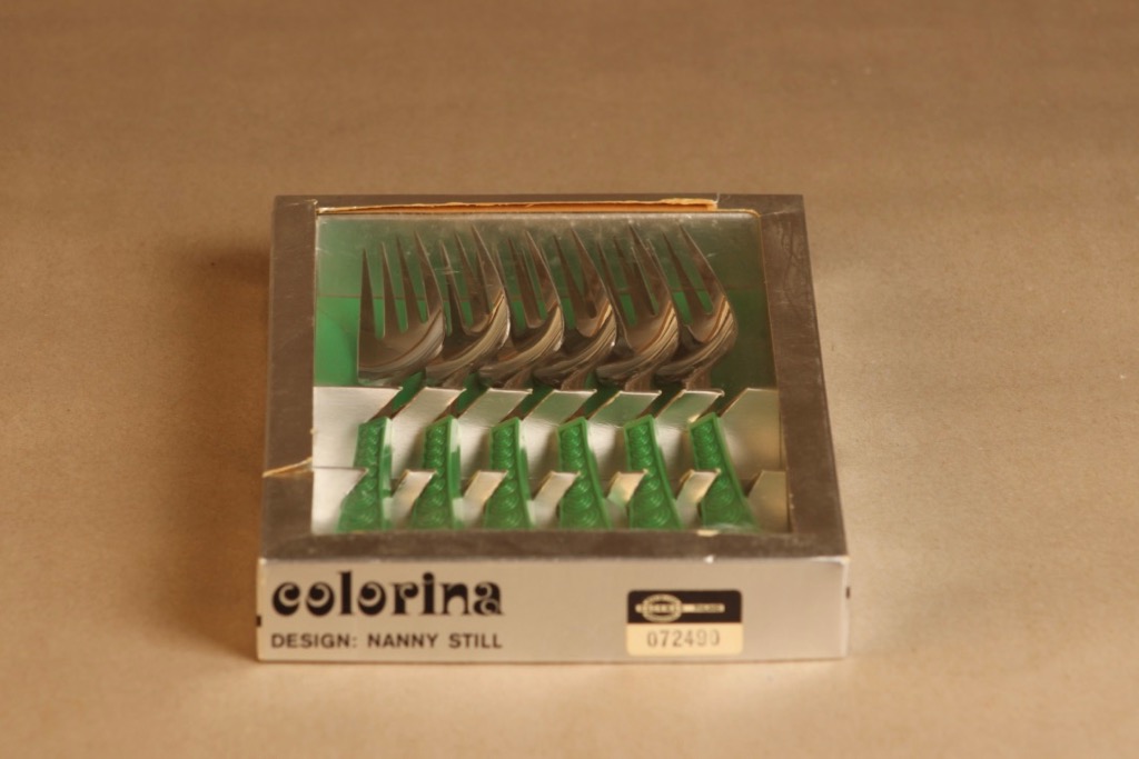Hackman Colorina haarukka, vihreä, 6 kpl, suunnittelija Nanny Still, retro