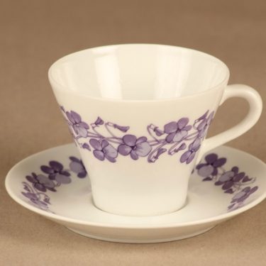 Arabia Viola kahvikuppi, violetti, suunnittelija Raija Uosikkinen, serikuva, kukka