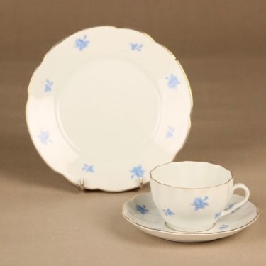 Arabia OB kahvikuppi ja lautaset(2), sininen, valkoinen, suunnittelija , kukka