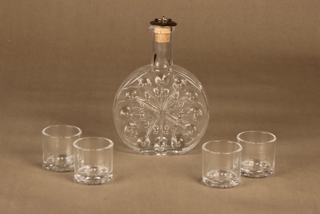 Riihimäen lasi Lumitähti karahvi ja 4 lasia, kirkas, suunnittelija Nanny Still,