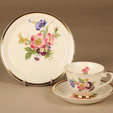 Arabia Kulta-aika kahvikuppi ja lautaset(2) nro II, monivärinen, suunnittelija tuntematon, serikuva, kukka