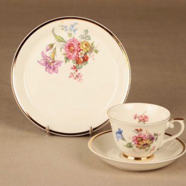 Arabia Kulta-aika kahvikuppi ja lautaset(2) nro VI, monivärinen, suunnittelija tuntematon, serikuva, kukka