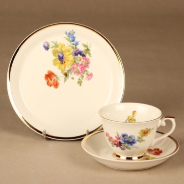 Arabia Kulta-aika kahvikuppi ja lautaset(2) nro VII, monivärinen, suunnittelija tuntematon, serikuva, kukka