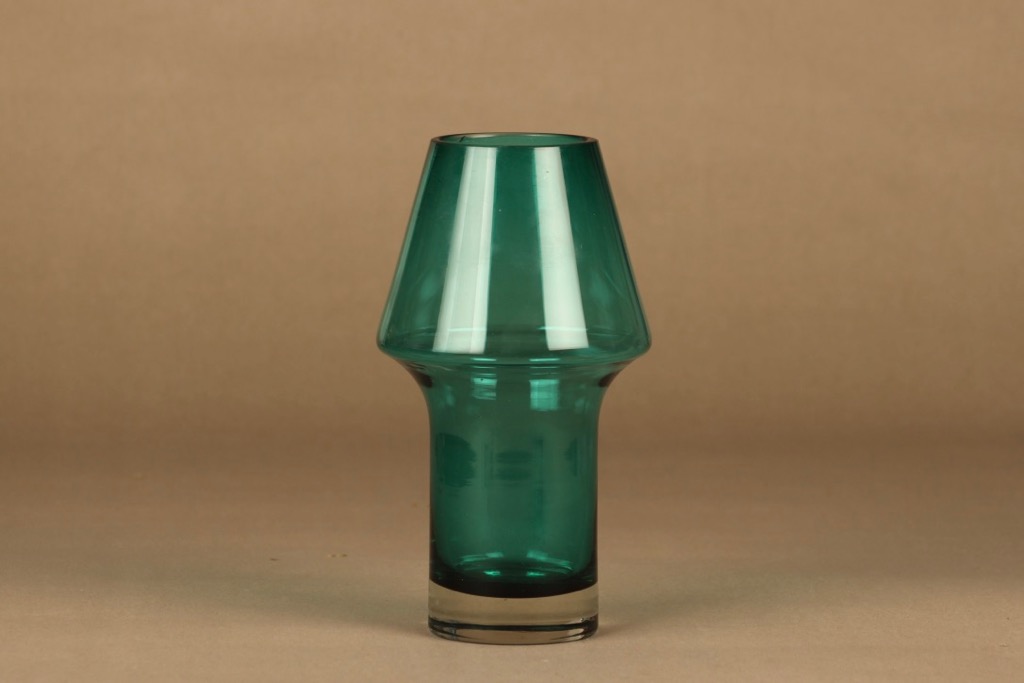 Riihimäen lasi Stromboli maljakko, turkoosinvihreä, suunnittelija Aimo Okkolin,