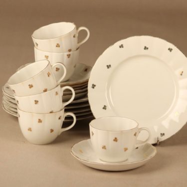 Arabia Apila kahvikuppi ja lautaset(2), valkoinen, kulta, 6 kpl, suunnittelija Svea Granlund, apila
