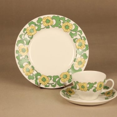 Arabia Petunia kahvikuppi ja lautaset(2), vihreä, keltainen, suunnittelija , kukka, retro