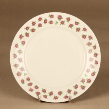 Arabia Pikkukukka lautanen, vaaleanpunainen, vihreä, valkoinen, suunnittelija Esteri Tomula, kukka, serikuva