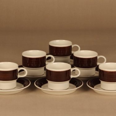 Arabia Inari kahvikuppi, ruskea, valkoinen, 6 kpl, suunnittelija Göran Bäck,
