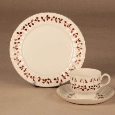 Arabia Vanamo kahvikuppi ja lautaset(2), ruskea, valkoinen, suunnittelija Esteri Tomula, kukka, serikuva