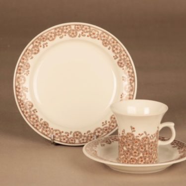 Arabia Veronica kahvikuppi ja lautaset(2), ruskea, suunnittelija Inkeri Leivo, kukka, retro