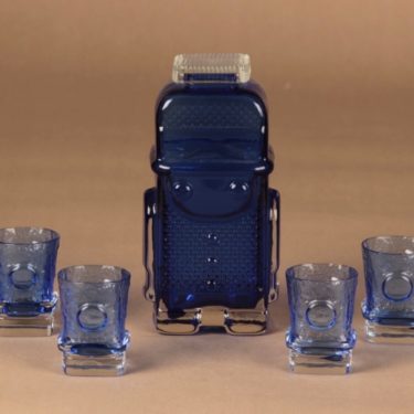 Riihimäen lasi Pikku-Matti karahvi ja 4 lasia, sininen, kirkas, 1+4 kpl, suunnittelija Helena Tynell,