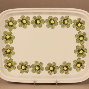 Arabia Primavera tarjoiluvati, vihreä, keltainen, suunnittelija Esteri Tomula, serikuva, kukka, retro