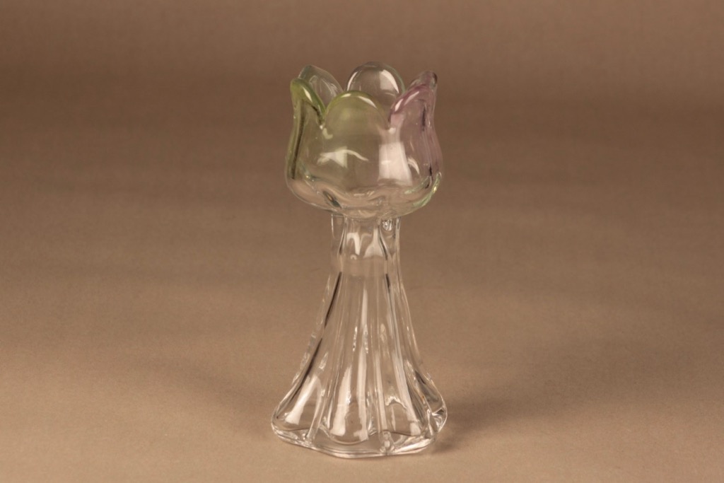 Riihimäen lasi Kukkainen taide-esine, kirkas, vihreä, vaaleanpunainen, suunnittelija Helena Tynell,