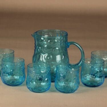 Nuutajärvi Frutta Kaadin ja lasit(6), turkoosi, 1+6 kpl, suunnittelija Oiva Toikka,