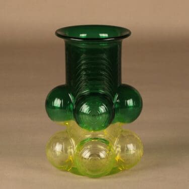 Riihimäen lasi Pajazzo maljakko, keltainen, vihreä, suunnittelija Nanny Still,