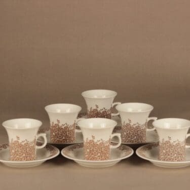 Arabia Veronica kahvikuppi, ruskea, 6 kpl, suunnittelija Inkeri Leivo, kukka, retro