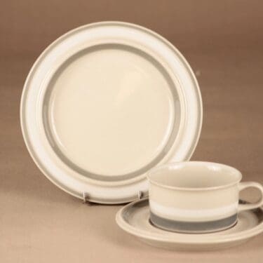 Arabia Salla teekuppi ja lautaset(2), valkoinen, harmaa, suunnittelija Raija Uosikkinen, raitakoriste