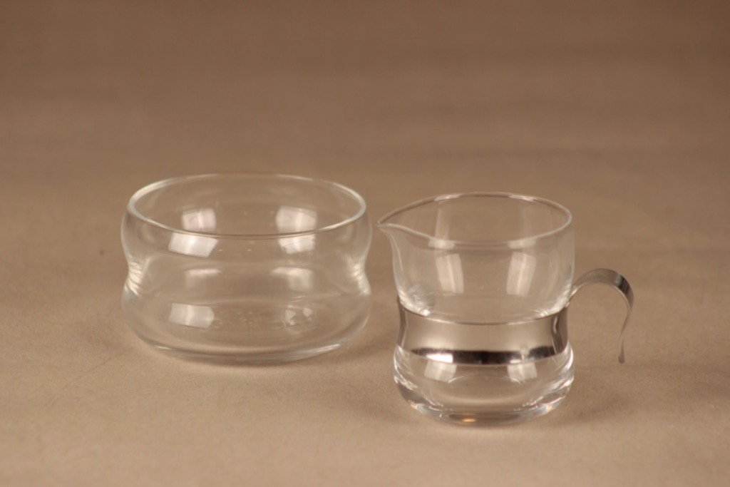 Iittala Paula sokerikko ja kermakko, kirkas, hopea, suunnittelija Jorma Vennola, metalliotin