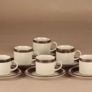 Arabia Karelia kahvikuppi, ruskea, harmaa, 6 kpl, suunnittelija Anja Jaatinen-Winquist, raitakoriste