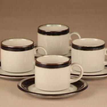 Arabia Karelia kahvikuppi, ruskea, harmaa, 4 kpl, suunnittelija Anja Jaatinen-Winquist, raitakoriste