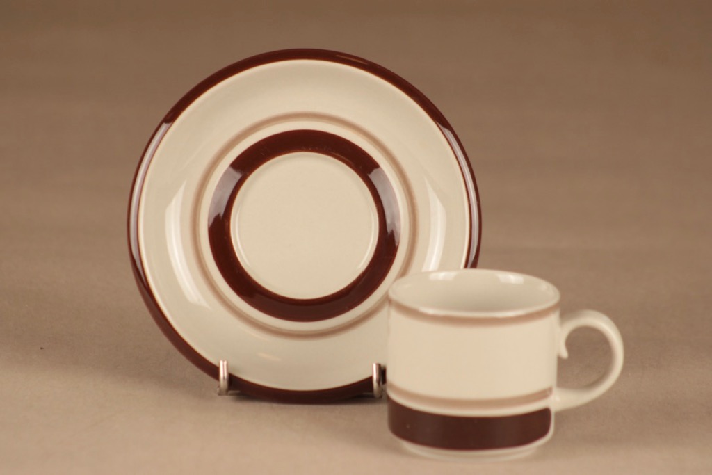 Arabia Pirtti kahvikuppi, valkoinen, ruskea, 5 kpl, suunnittelija Raija Uosikkinen, raitakoriste kuva 3