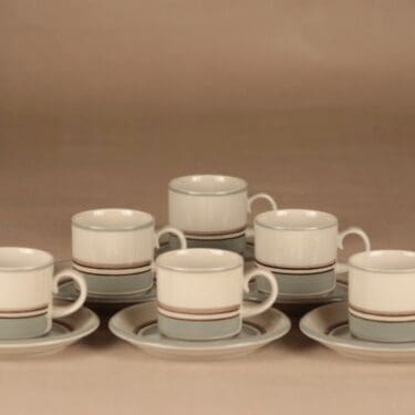 Arabia Kuru kahvikuppi, monivärinen, 6 kpl, suunnittelija tuntematon, raitakoriste