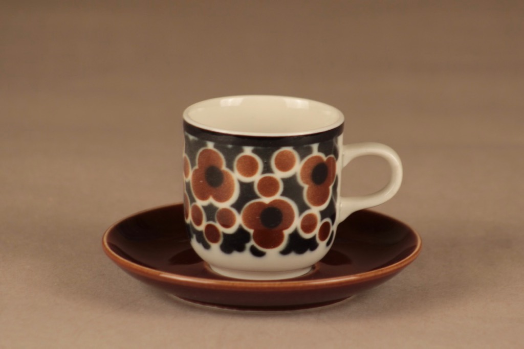 Arabia Kara kahvikuppi, ruskea, musta , 6 kpl, suunnittelija Anja Jaatinen-Winquist, kukka, retro kuva 2