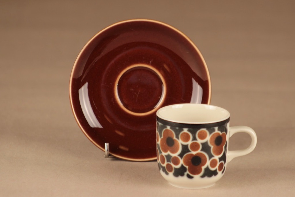 Arabia Kara kahvikuppi, ruskea, musta , 6 kpl, suunnittelija Anja Jaatinen-Winquist, kukka, retro kuva 3