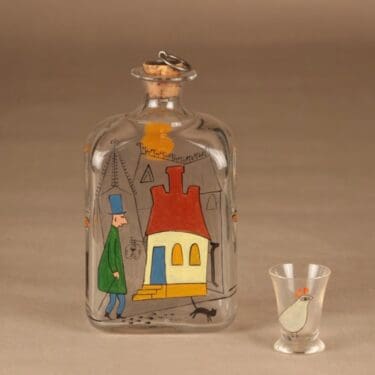 Iittala pullo ja lasi, käsinmaalattu, suunnittelija Tapio Wirkkala, käsinmaalattu, signeerattu